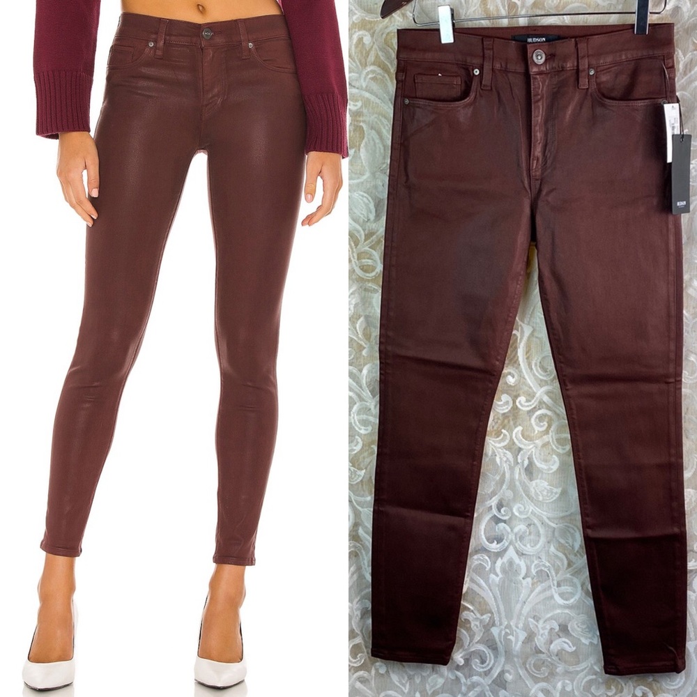 Hudson Jeans Nico Coated Mid Rise Ankle Skinny High Shine Brick Red Brown 29 NWT